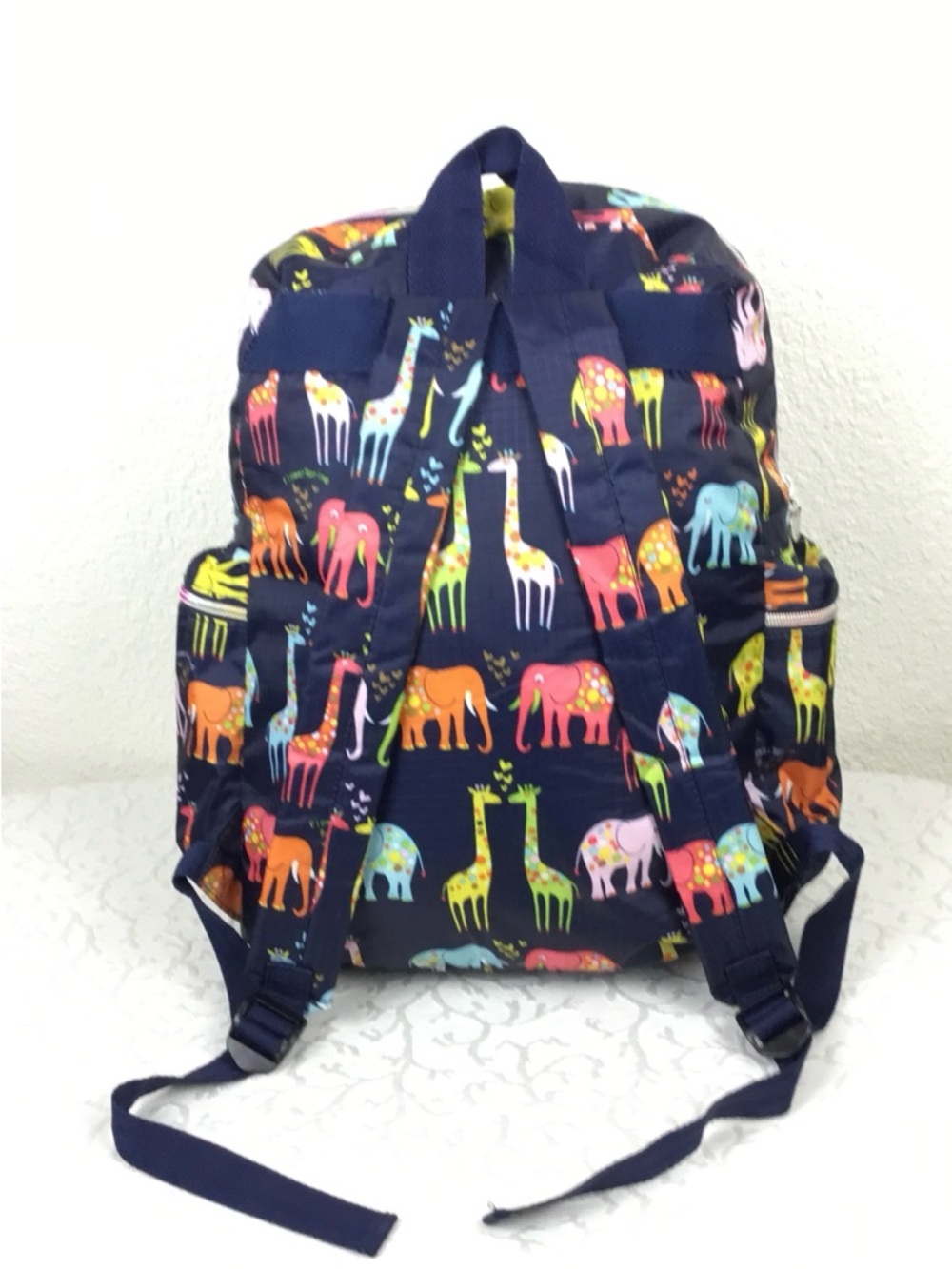 Colorful Giraffe & Elephant Print Navy Backpack - Picture 2 of 9